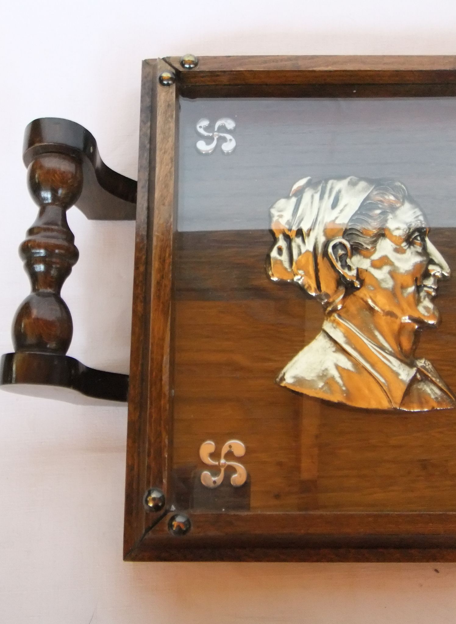 Basque service tray cross character under glass wood vintage handles painting