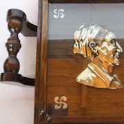 Basque service tray cross character under glass wood vintage handles painting