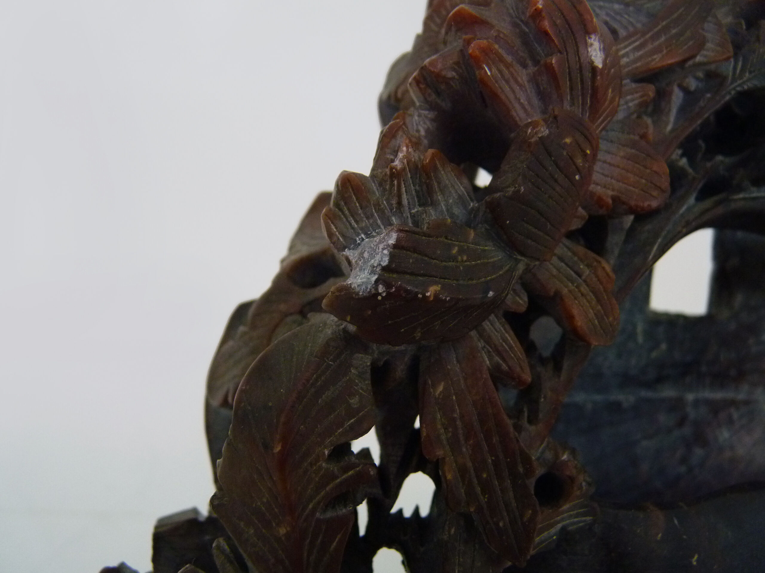 Vintage Chinese carved stone vase with chrysanthemum flowers