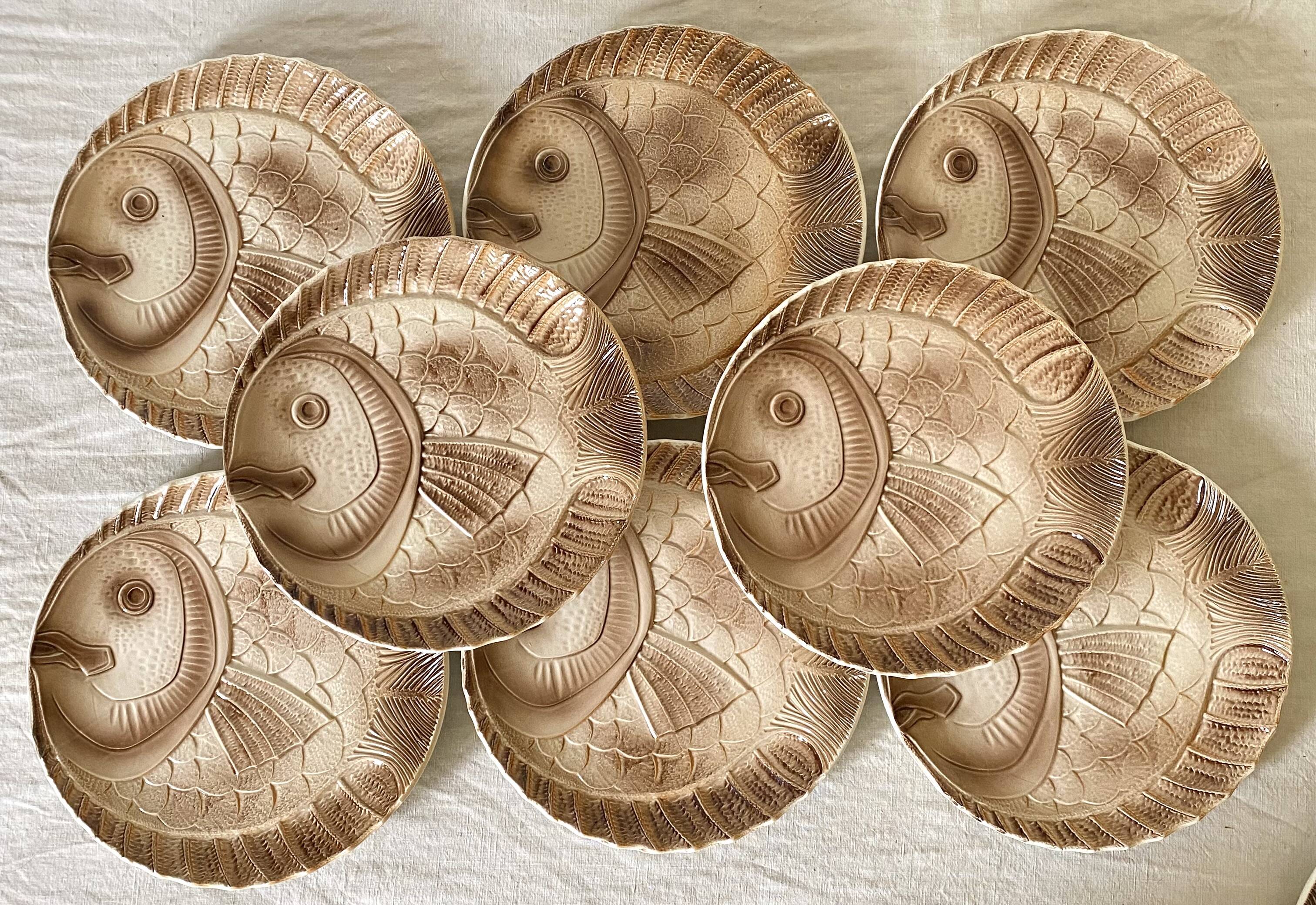 Vintage fish barbotine plates from Sarreguemines