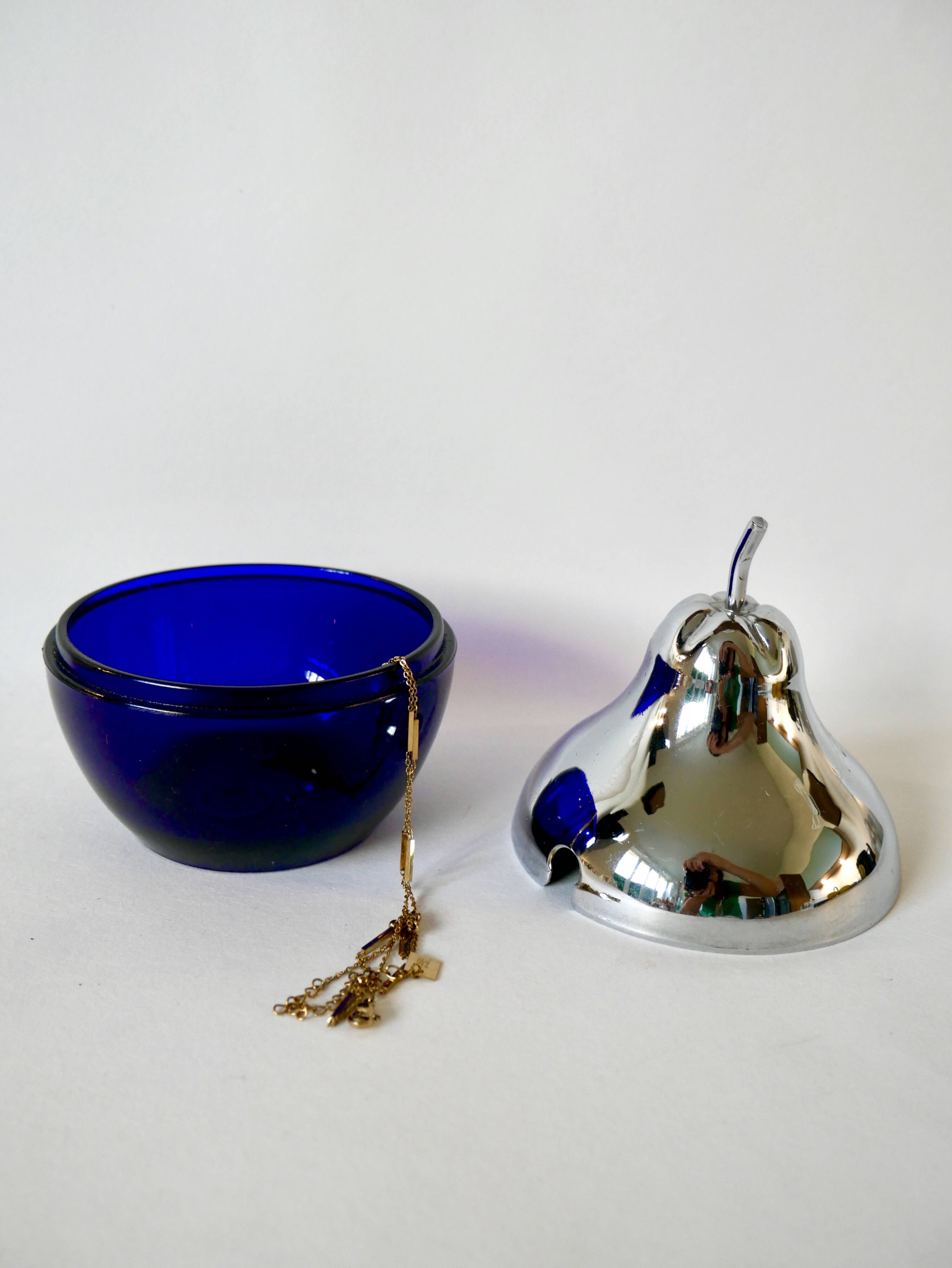 Pear butter dish in silver metal and blue glass from the 70s