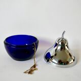 Pear butter dish in silver metal and blue glass from the 70s