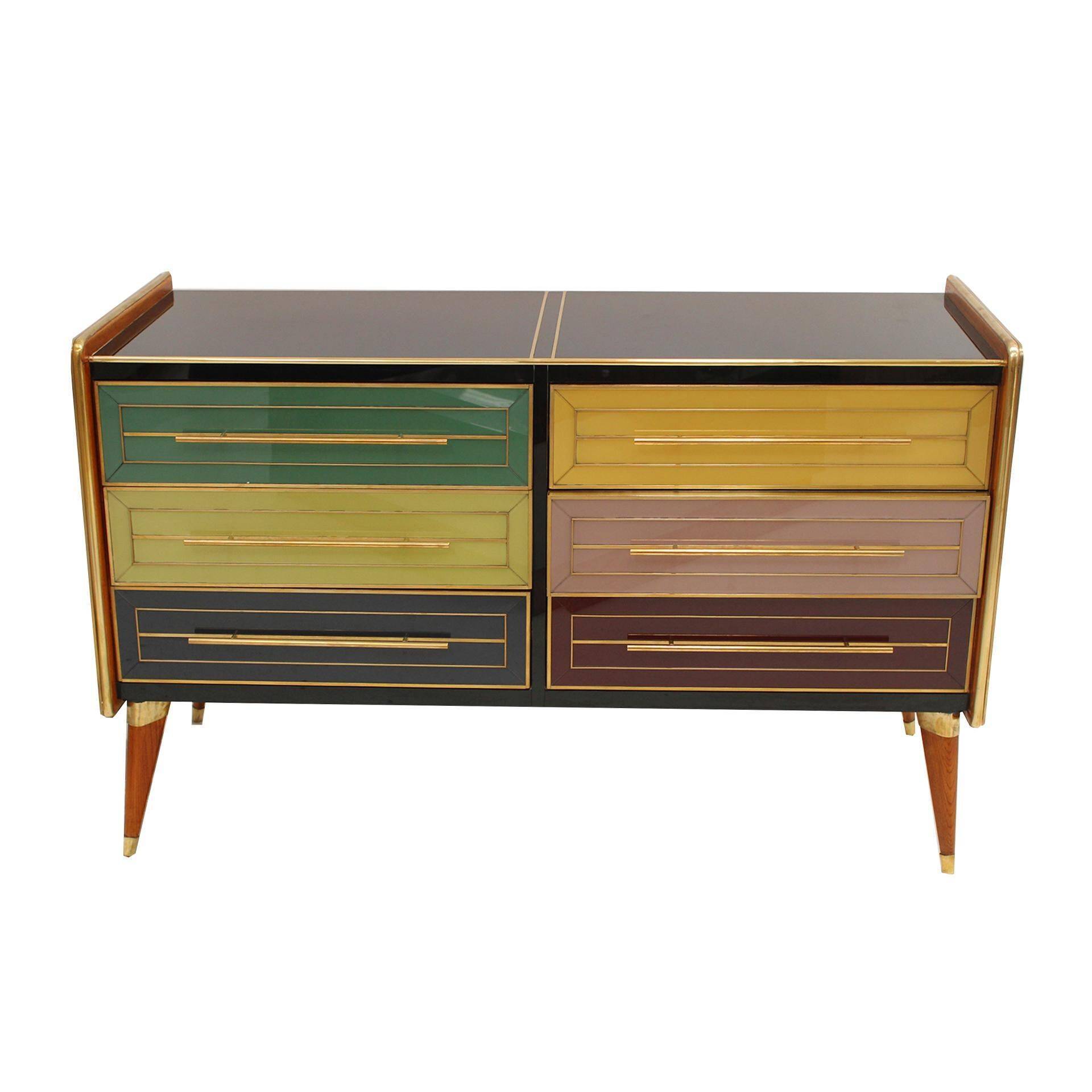 Italain Sideboard Made Of Solid Wood And Covered With Colored Glass 1950S