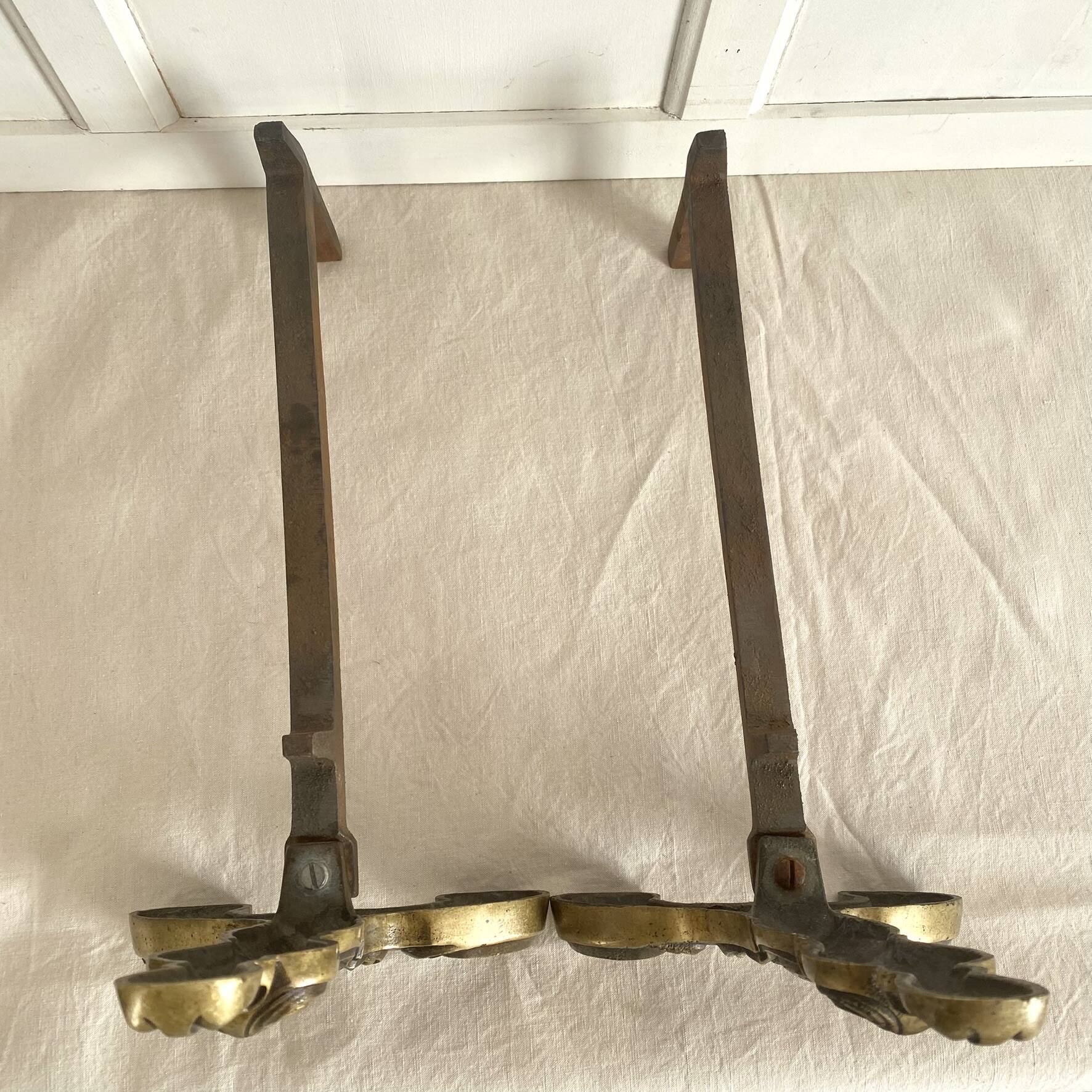 Pair of brass and cast iron fire dogs
