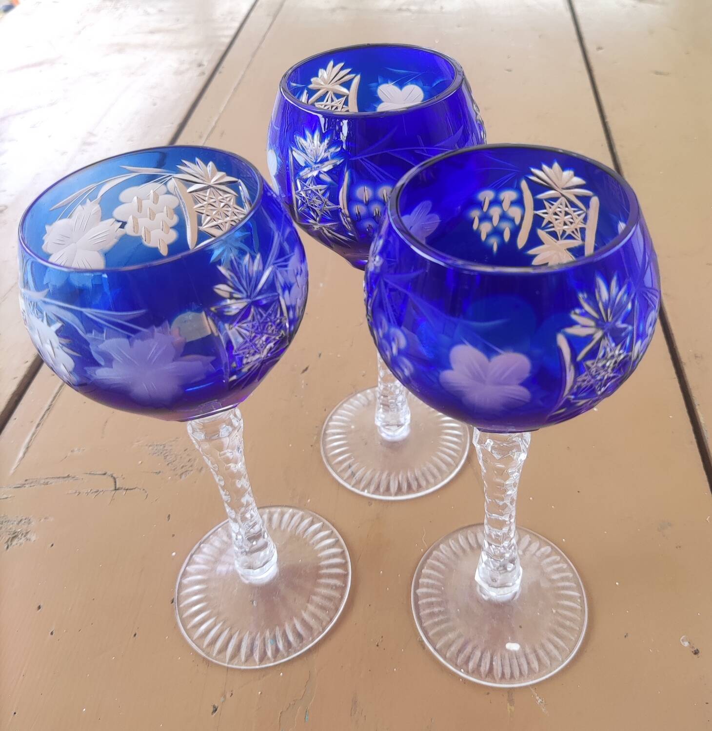 3 large cobalt blue cut crystal stemmed glasses