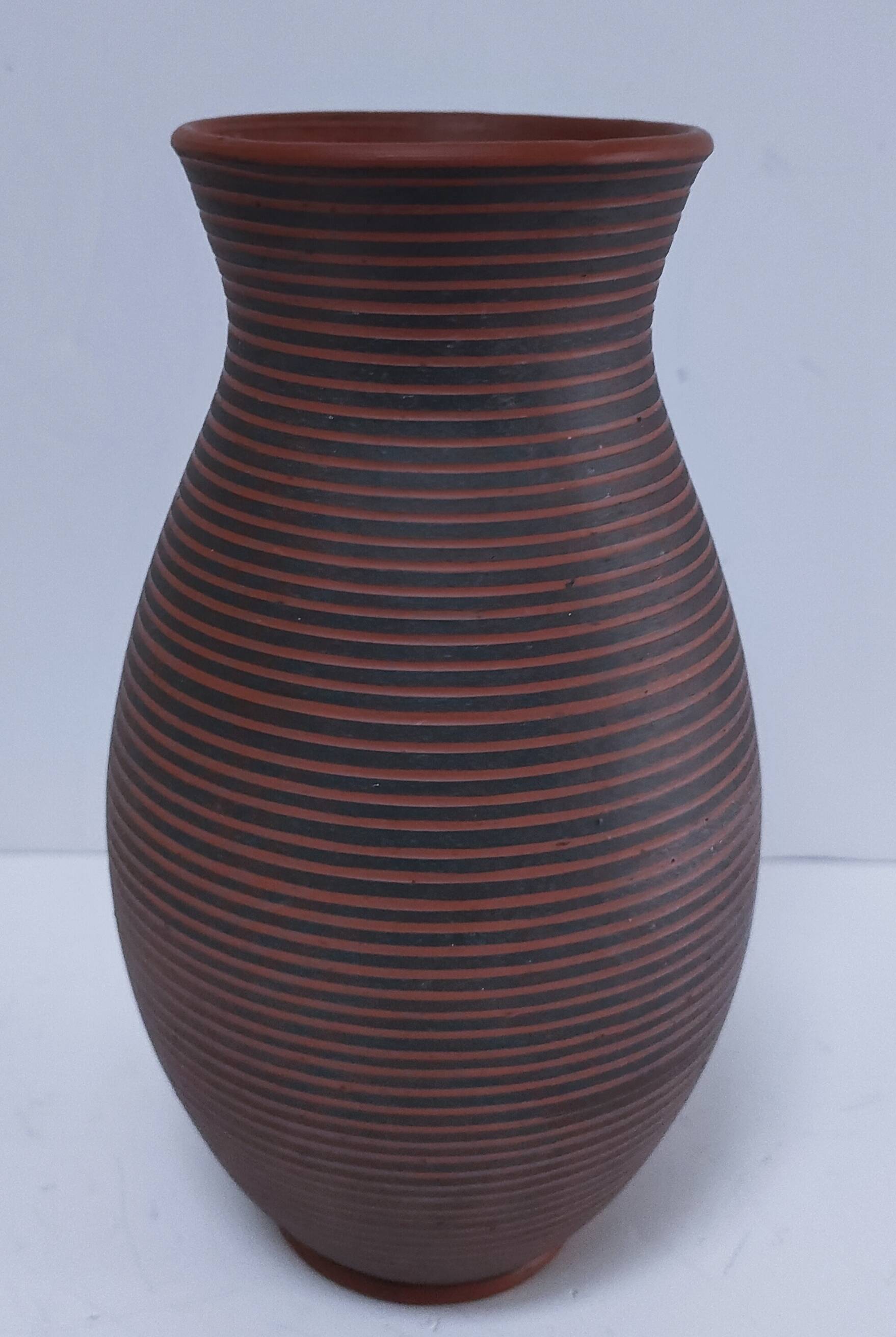 two-tone striped clay vase from the 1960s, signed