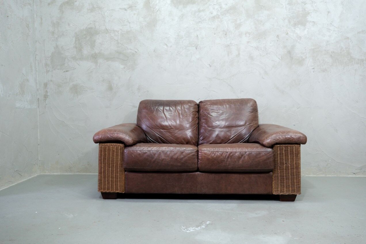 Italian Rattan and Leather Sofa, 1970s
