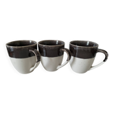 Set of three two-tone mugs, glazed stoneware, café workshop style.