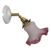 Vintage tulip-shaped lamp in frosted white and pink glass.