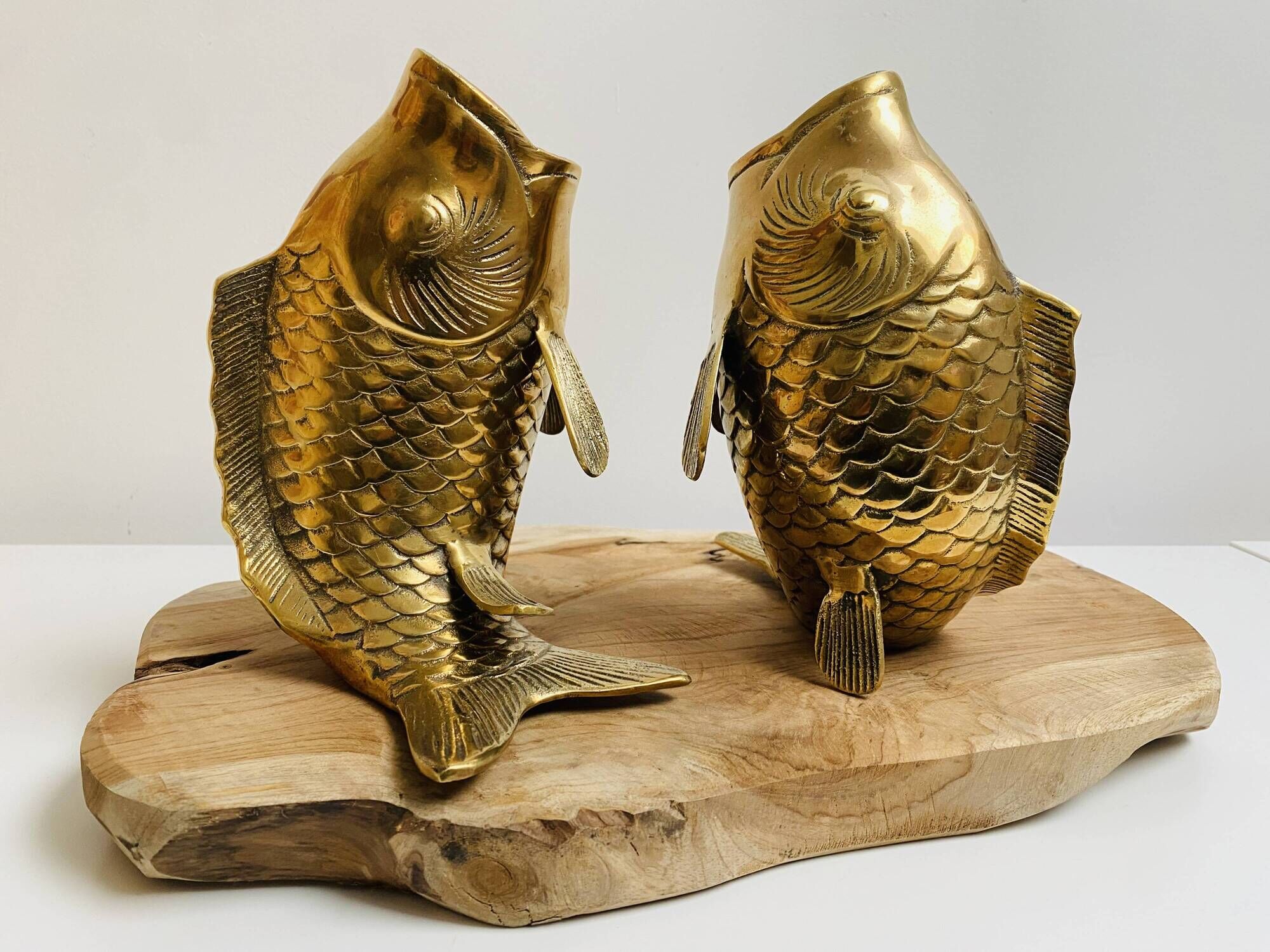 Pair of koi carp vases in brass, animal sculpture