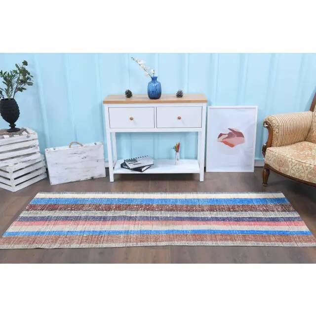 Vintage Turkish Hand-Knotted Wool Cotton Beige Kilim Runner Rug 87x237