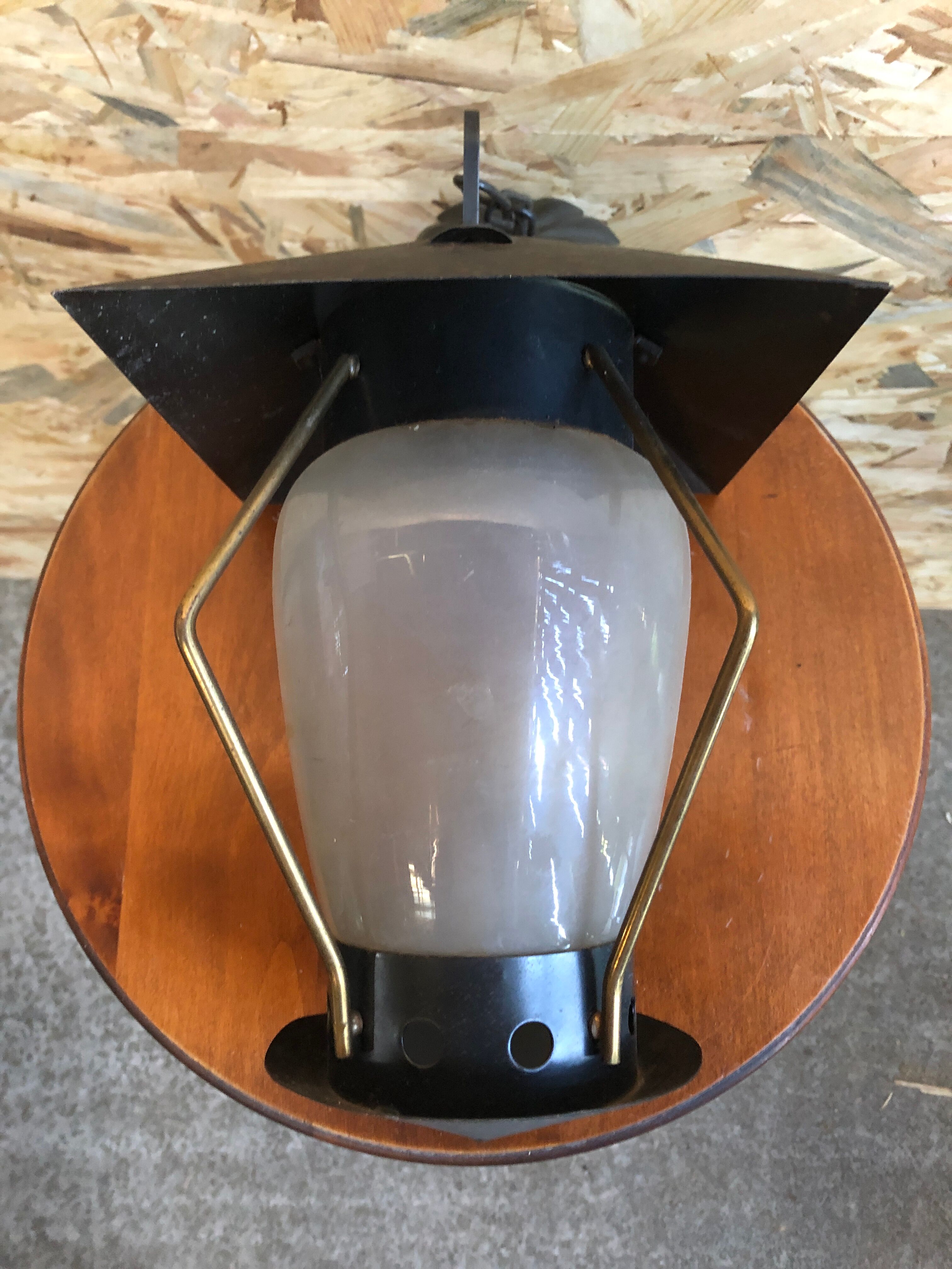 Old black metal & brass lantern pendant + vintage round opaque glass