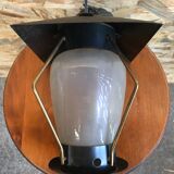 Old black metal & brass lantern pendant + vintage round opaque glass