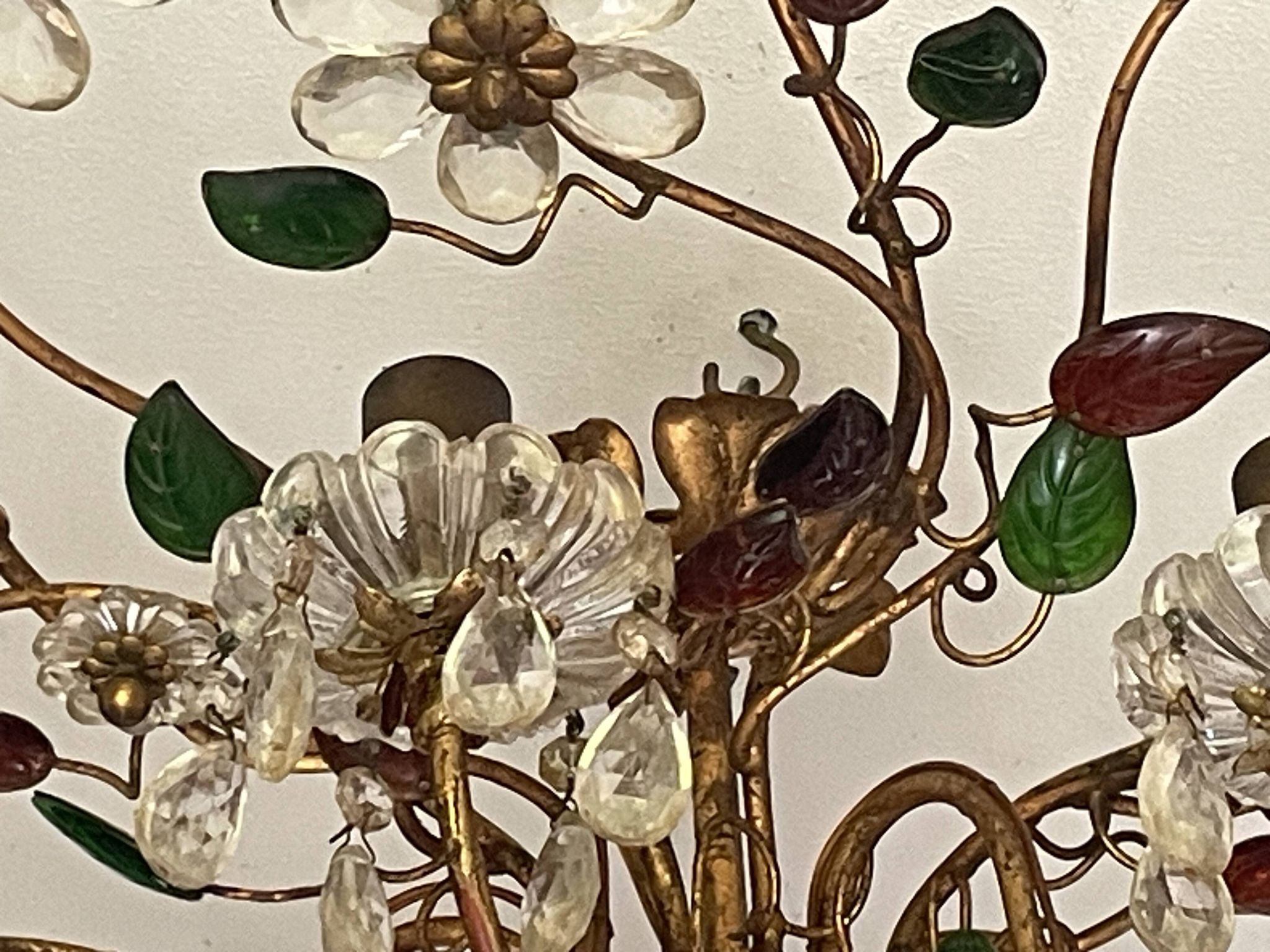 Floral chandelier Banci Firenze with 6 lights, coloured glass and gold metal.