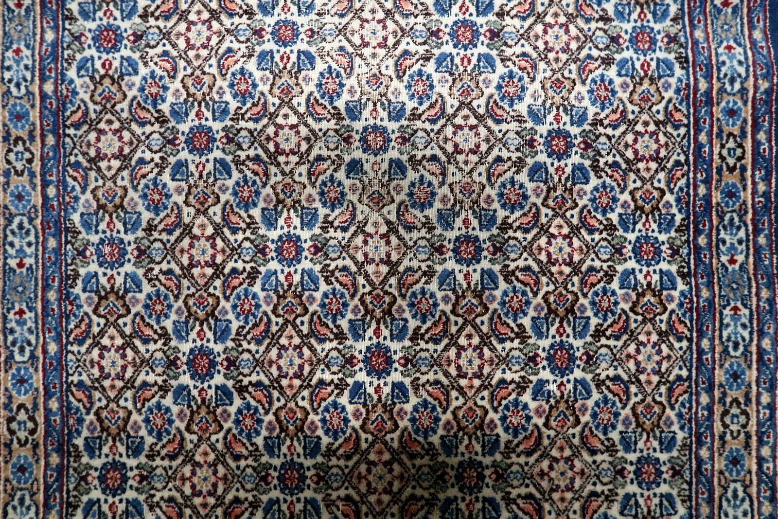 1950s handmade wool floral rug, ivory and blue, 98 × 145 cm