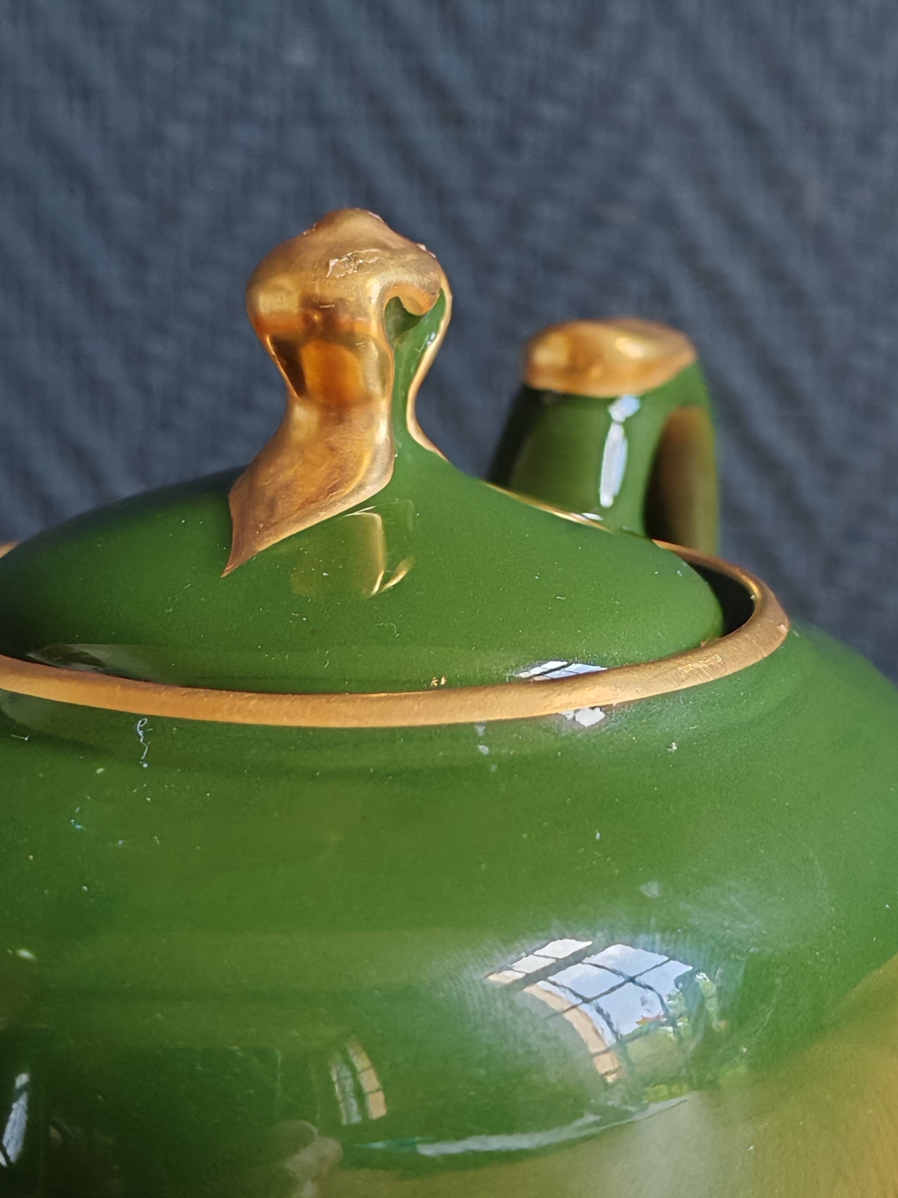 Vintage Teapot Mehun France Numbered, Green and Gold Porcelain