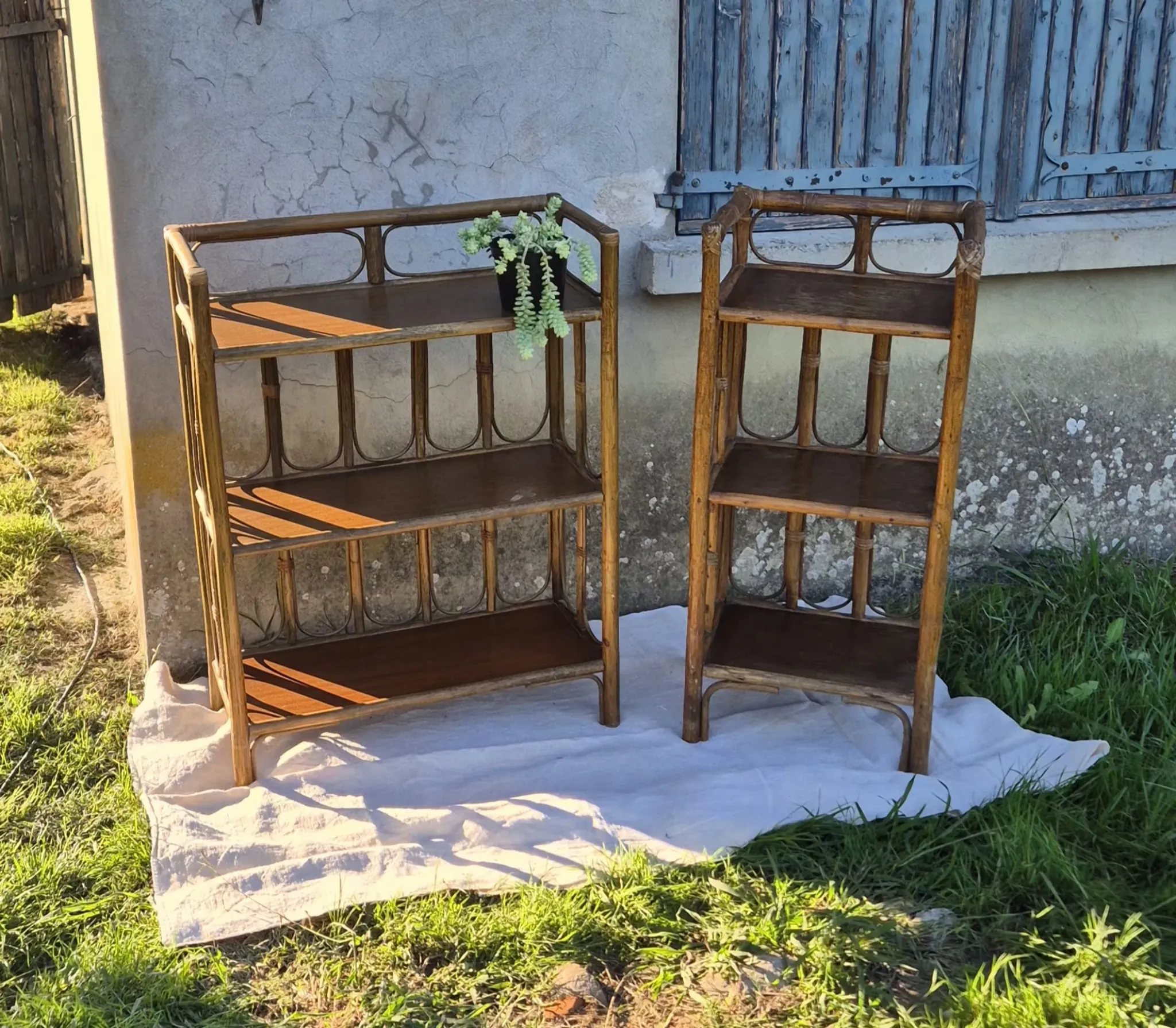 Set of 2 vintage bamboo rattan bedside shelves