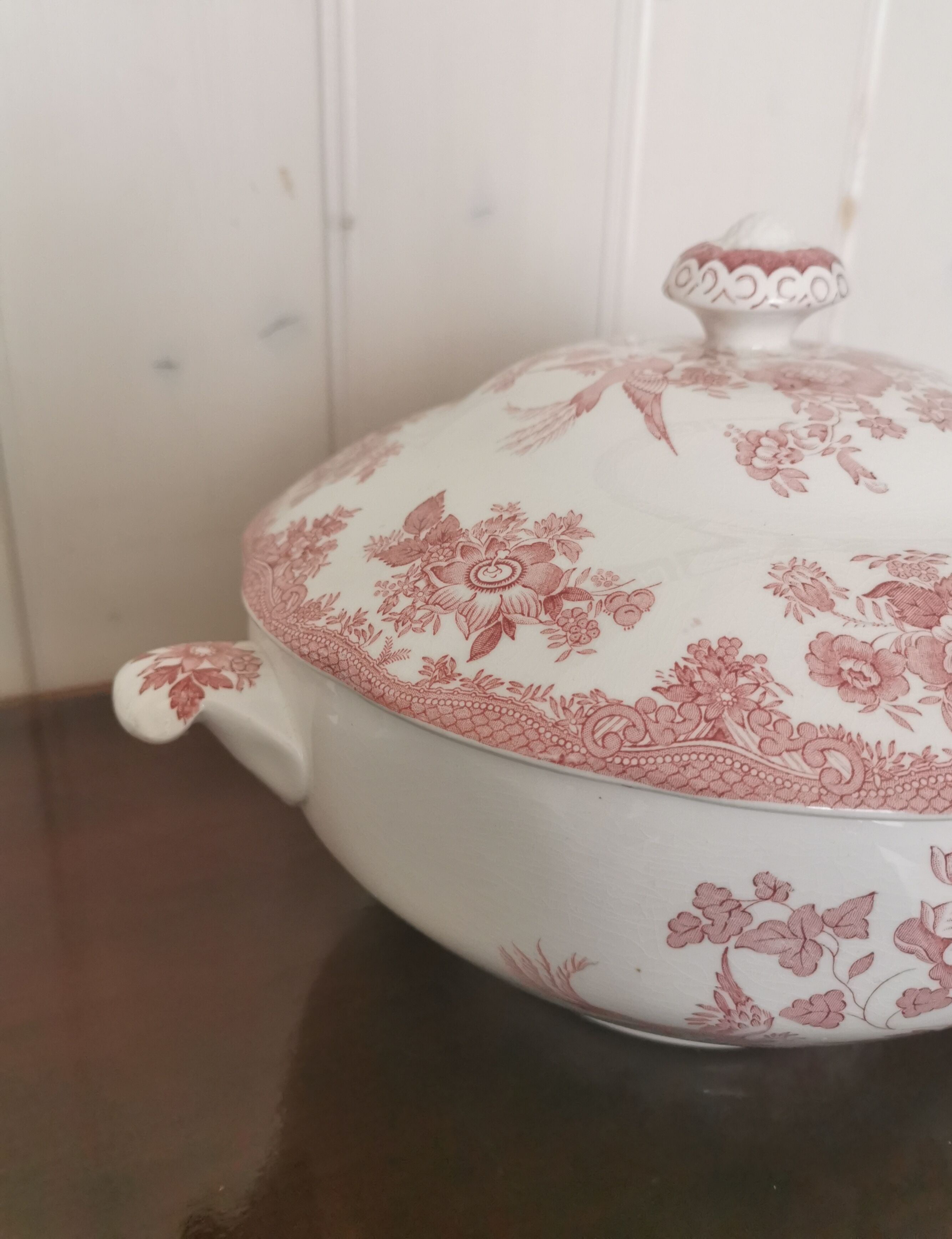 English soup bowl with purple floral motifs