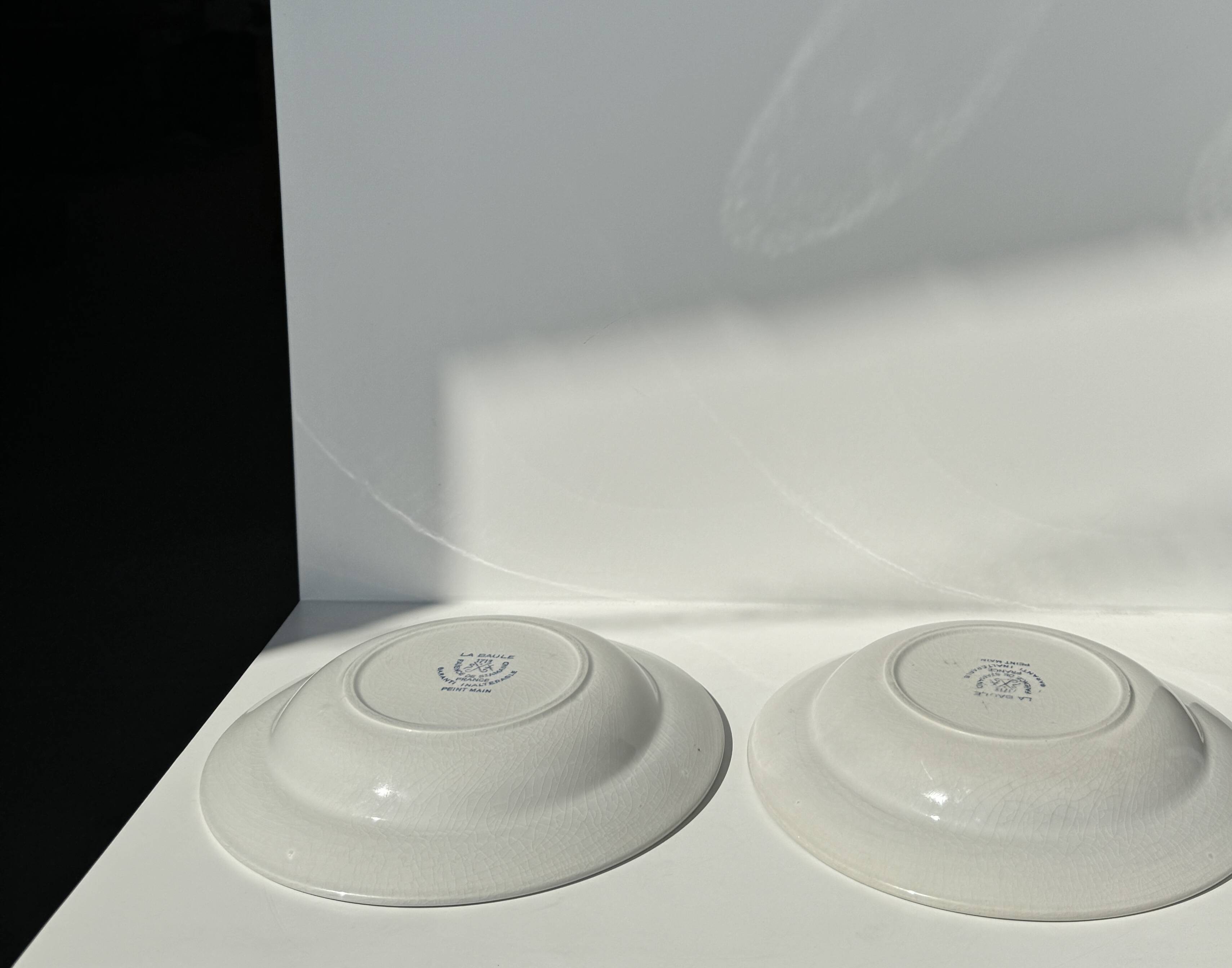 Set of 2 blue deep plates, Saint Amand earthenware, La Baule model, hand painted