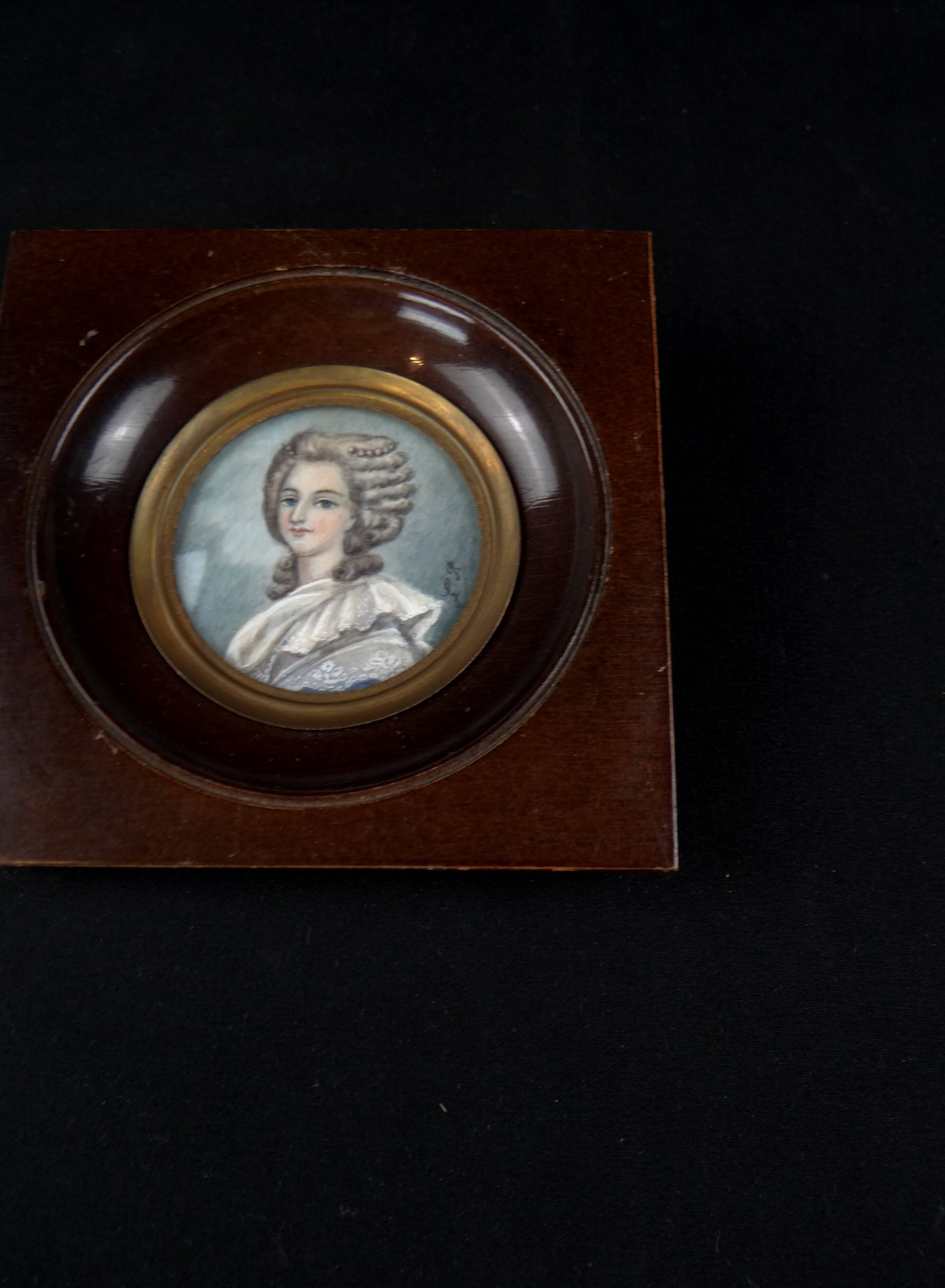 Framed 19th-century miniature gouache portrait of an aristocratic woman