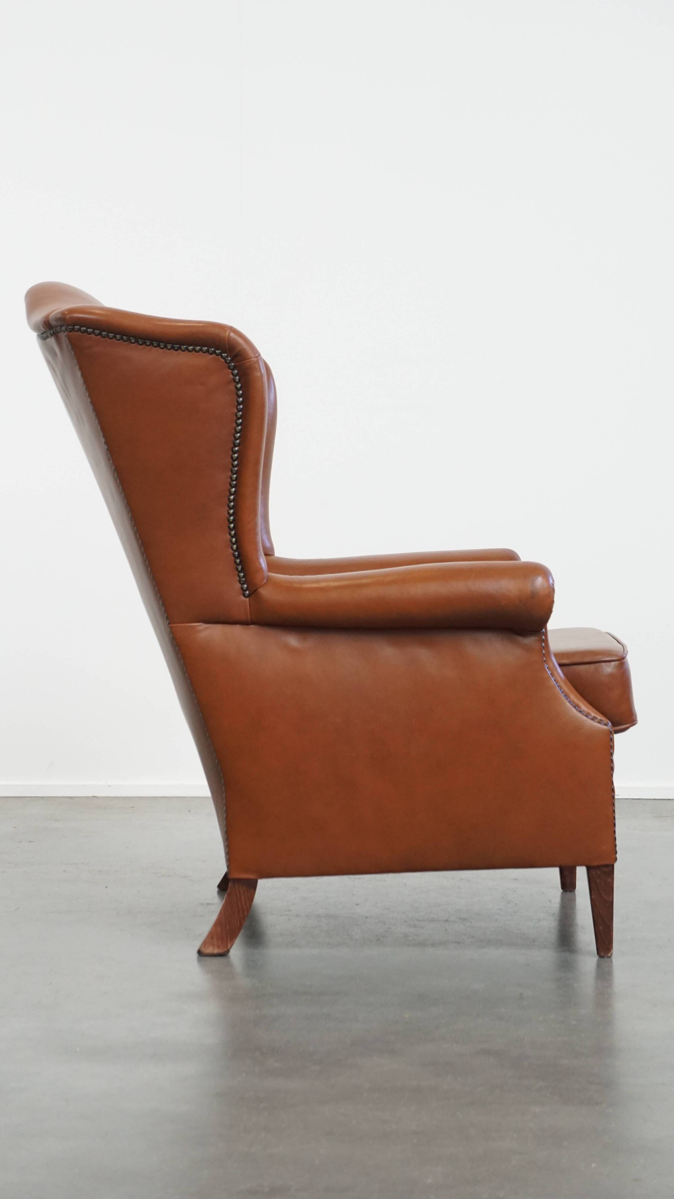Cognac-Colored Cowhide Leather Wingback Chair in English Style