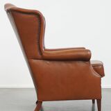 Cognac-Colored Cowhide Leather Wingback Chair in English Style
