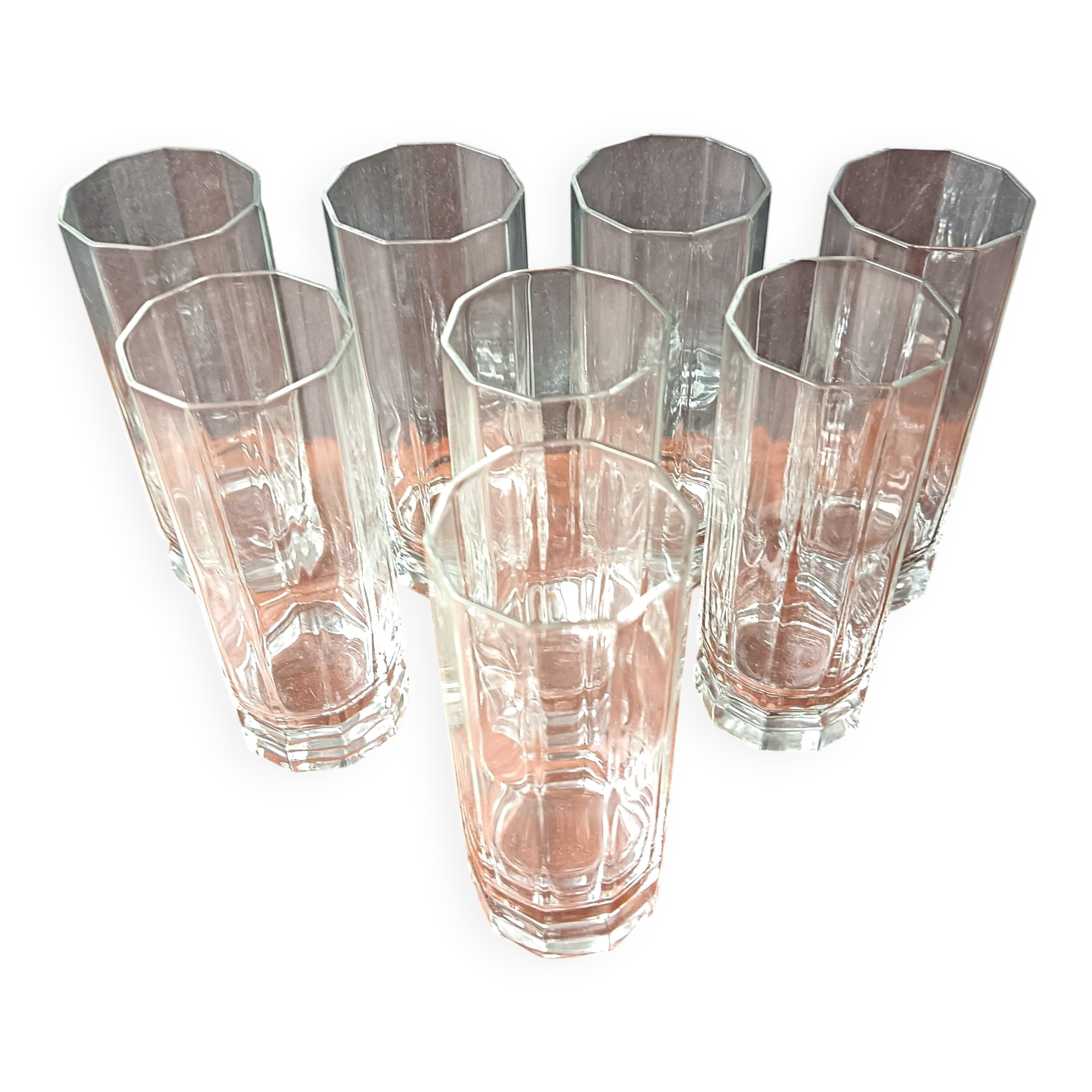High glasses Luigi Bormioli, transparent decagonal glasses Italy.