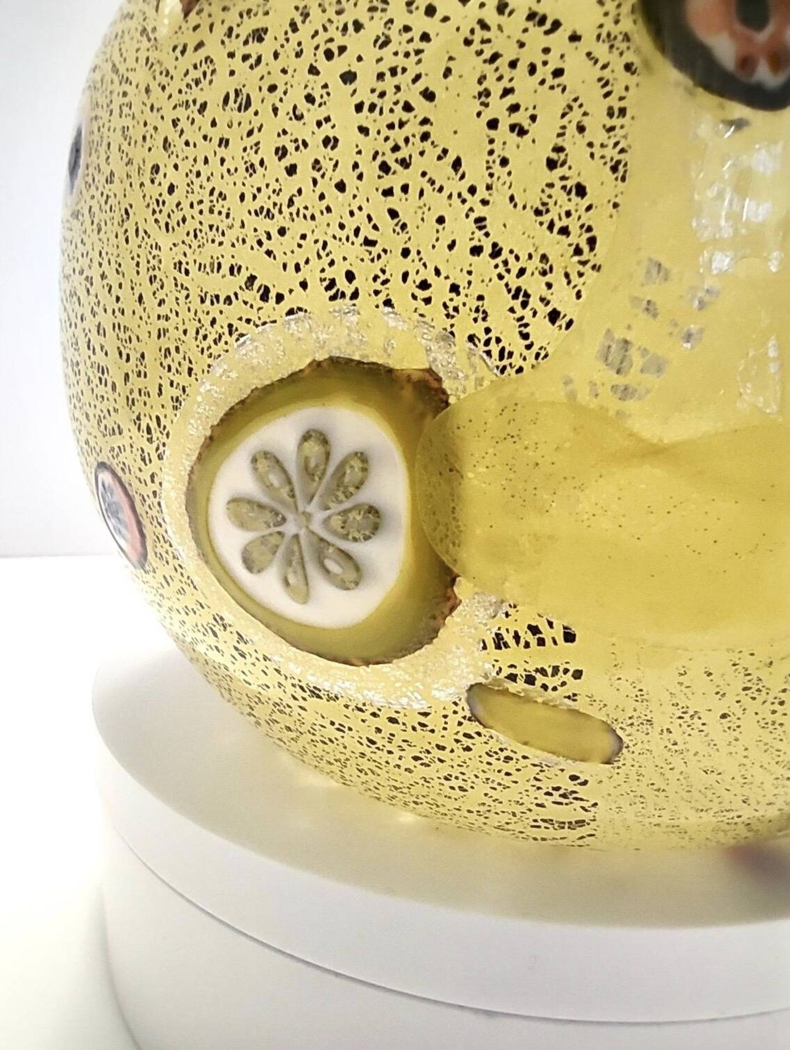 Postmodern Yellow Opaline Hand Blown Glass Jug with Murrines and Silver Flakes