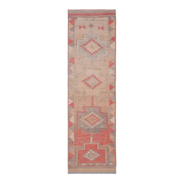 1970s Turkish Oushak Handmade Wool Cotton Orange Runner Rug 92x348