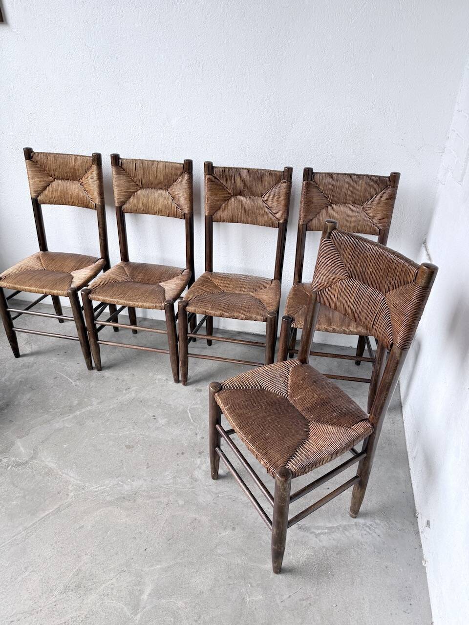 Set of 6 straw and oak Beauche chairs.
