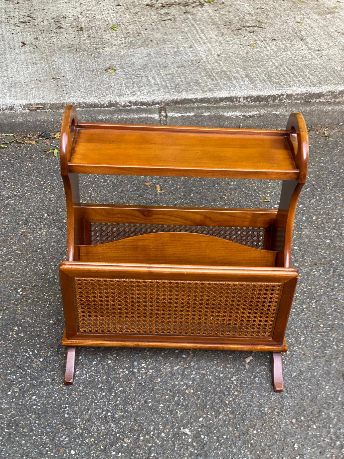 Vintage magazine rack, solid light wood document holder, caned, 1960.