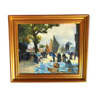 Peinture ancienne représentant une scène de marché en bretagne