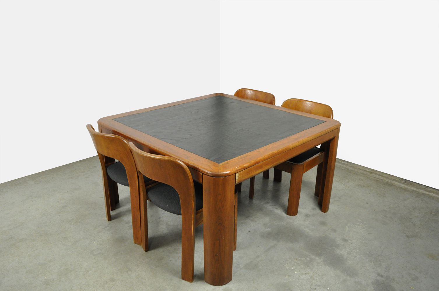 Vintage dining table set with plywood chairs and wooden table with slate inlay, 70s
