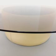 Vintage round coffee table in glass, leather, and metal in Space Age style from the 70s.