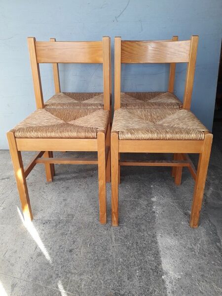 Set de 4 chaises estampillées design bois et paille epoque 1960/70