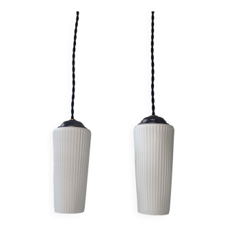 Pair of old conical pendant lamps in vintage opaline