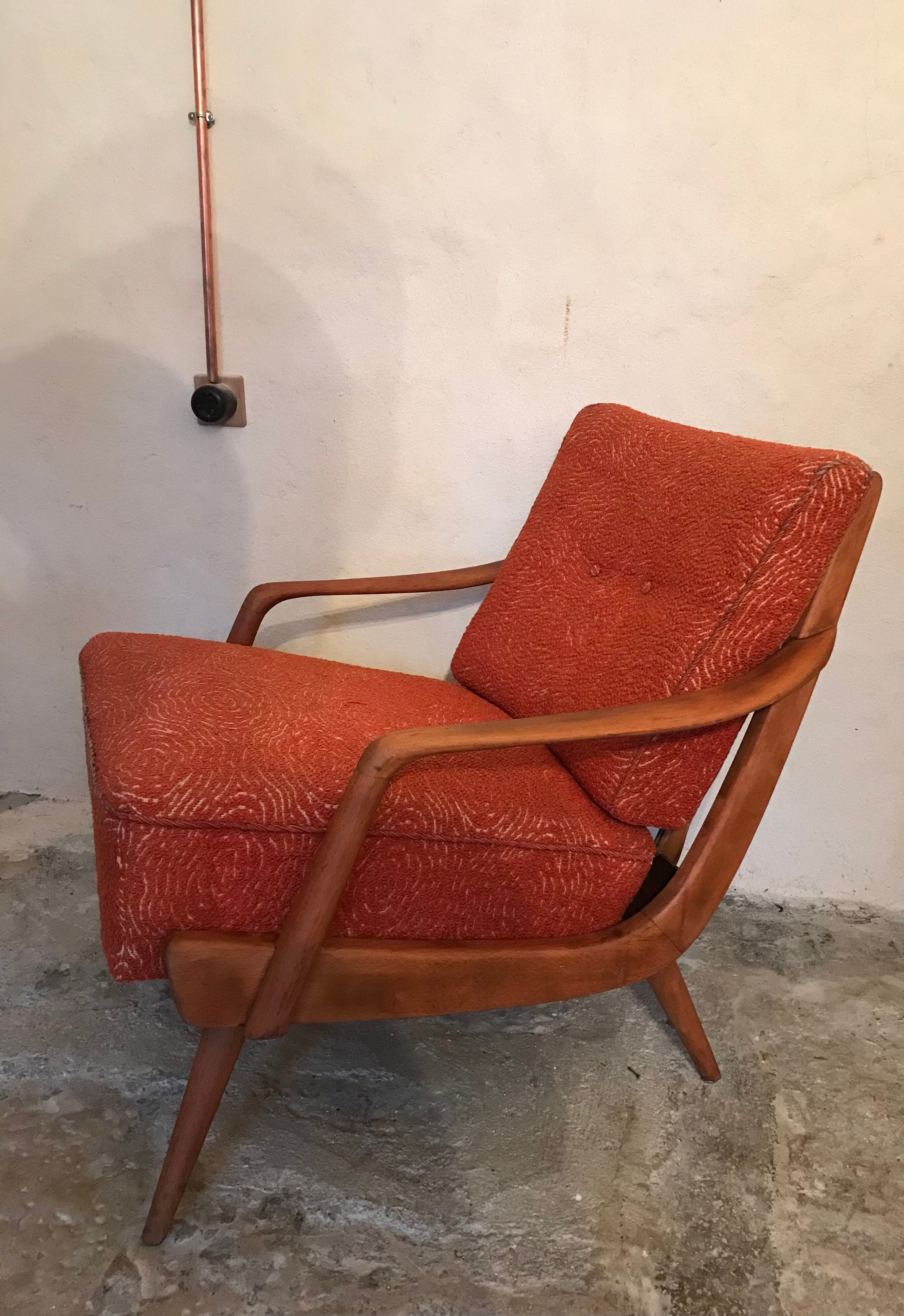 Fauteuil vintage mid-century pieds compas style scandi