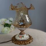 Baroque inspired table lamp, bronze, ceramic flowers and glass globe