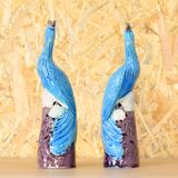 Mid Century Chinise Pair of Turquoise Porcelain Peacocks 50s