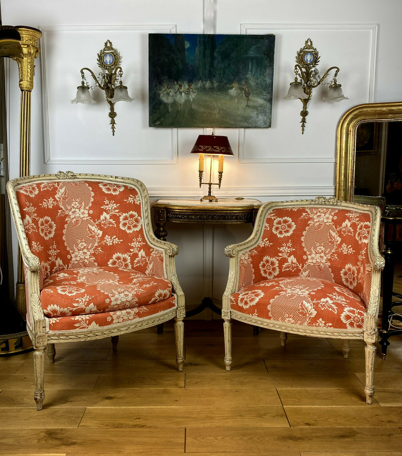 Two shepherdesses in moulded wood and carved Louis XVI style
