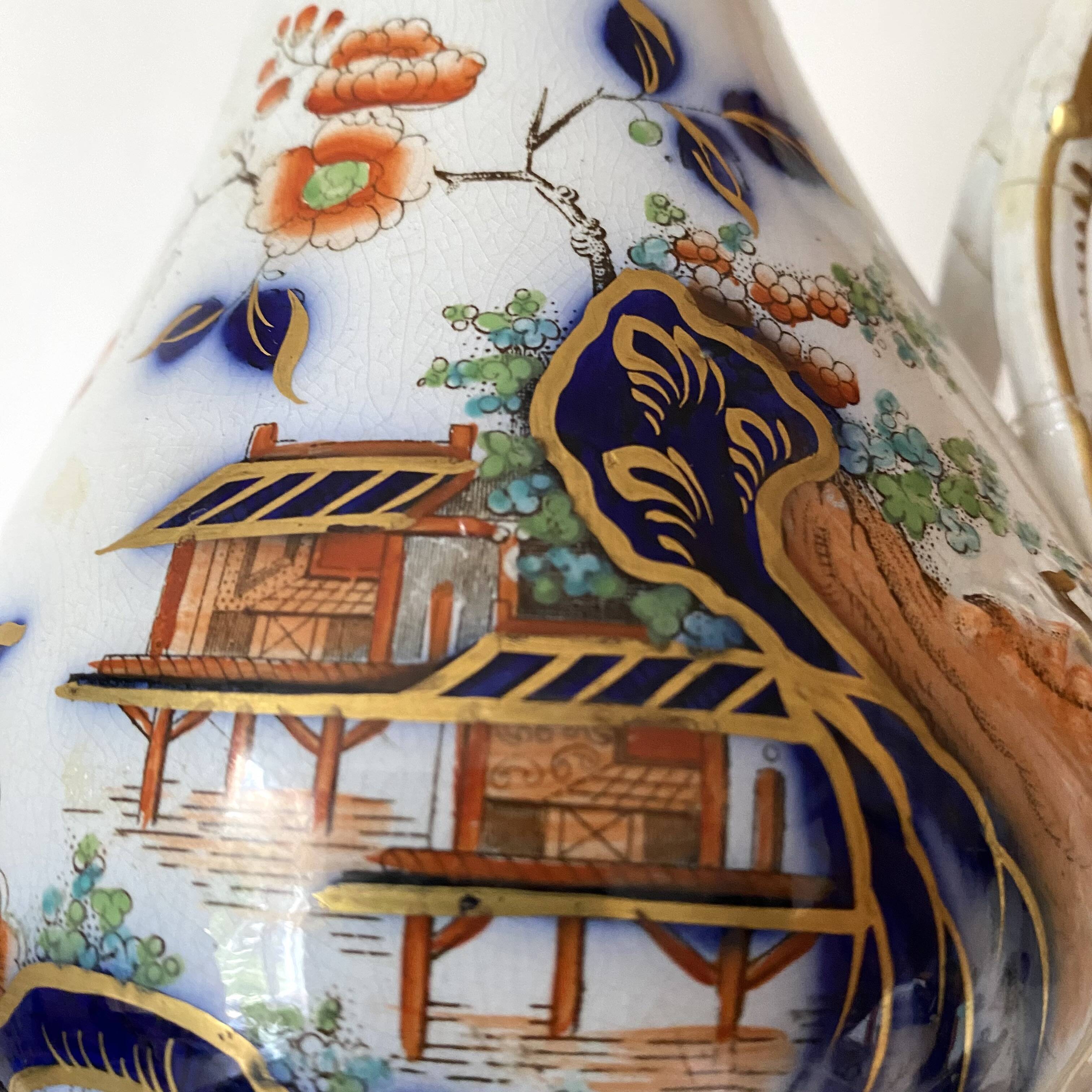 Antique polychrome porcelain jug, Orientalist decoration.