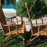 Wicker or rattan armchairs and bamboo