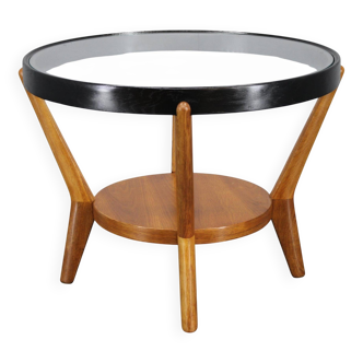 Table basse ronde vintage en chêne et verre par Kropáček & Koželka