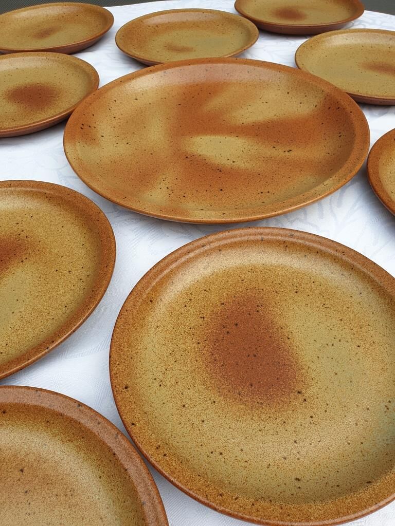 Set 12 plates and 1 dish sandstone of Burgundy Sarreguemines