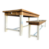 Farm table in solid oak - white patinated legs and its bench.