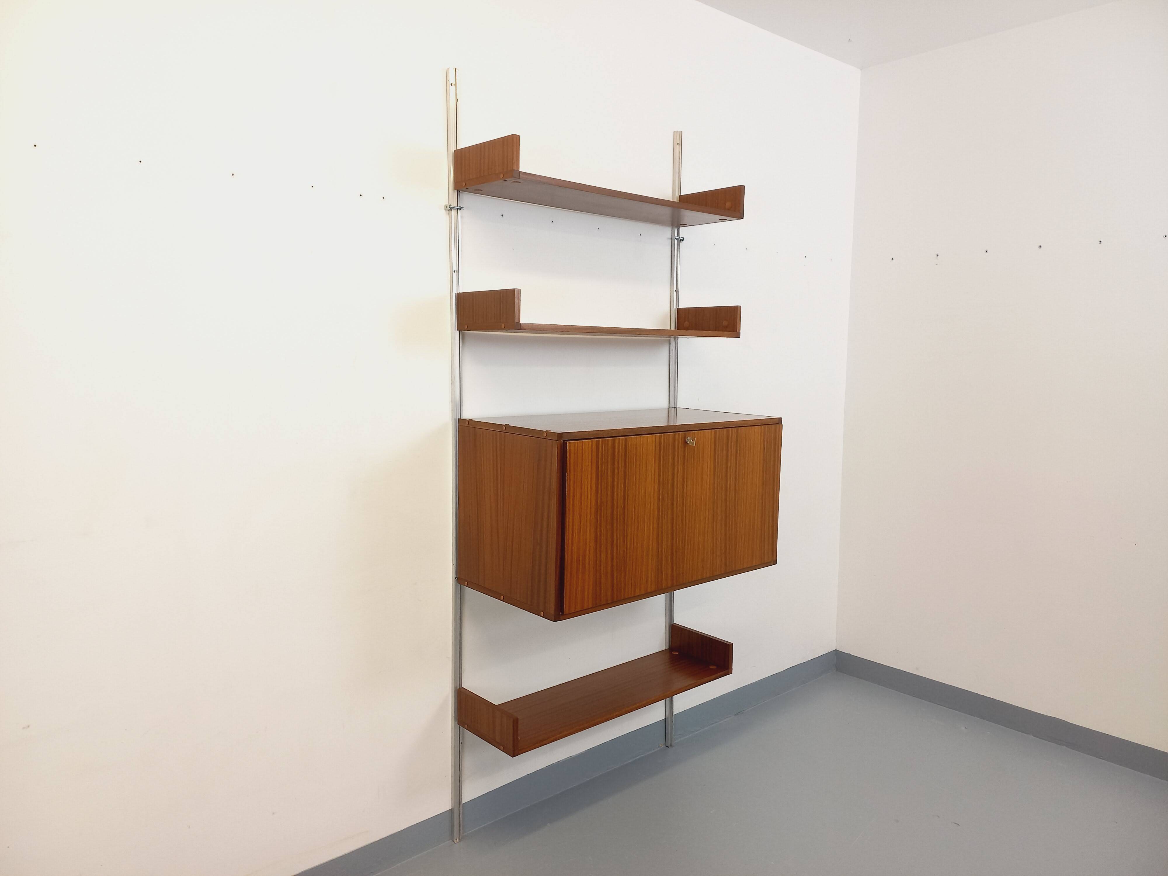 Wall shelf library with vintage ARP Minvielle secretary bar