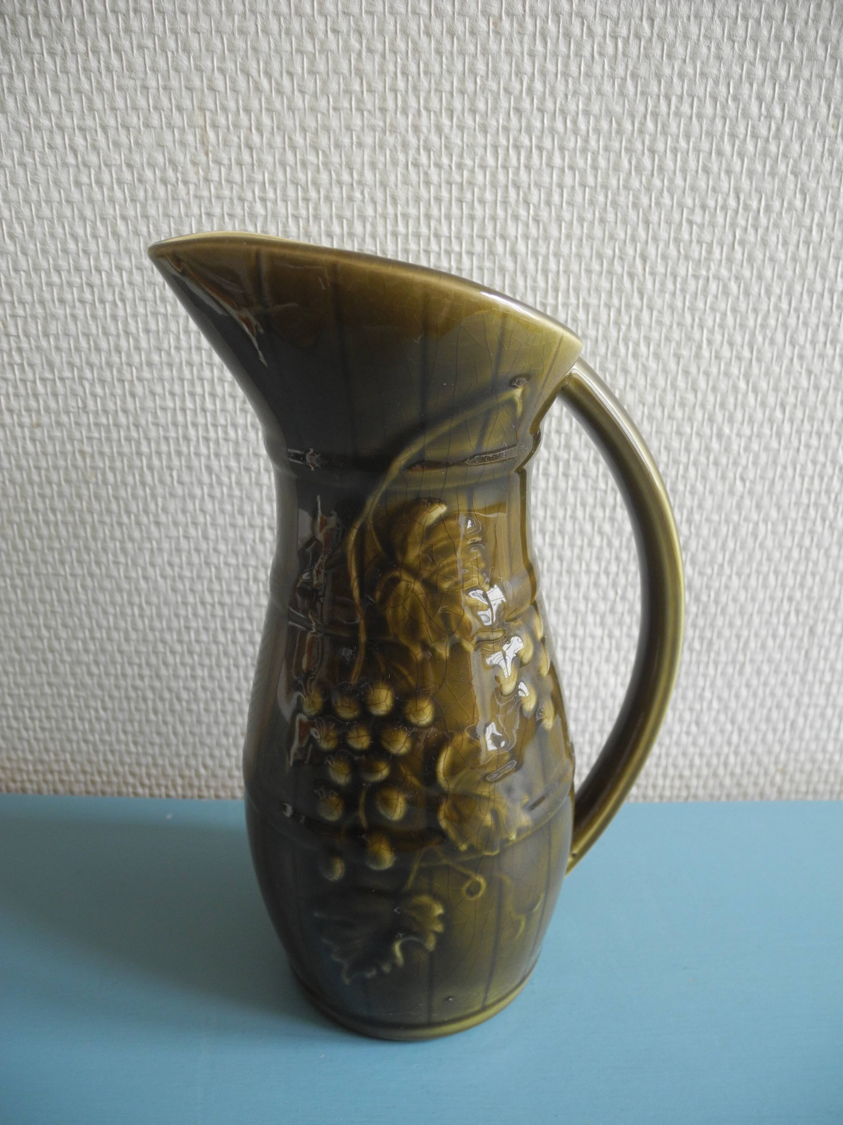 Old earthenware pitcher Sarreguemines wine old french pitcher wine 30s