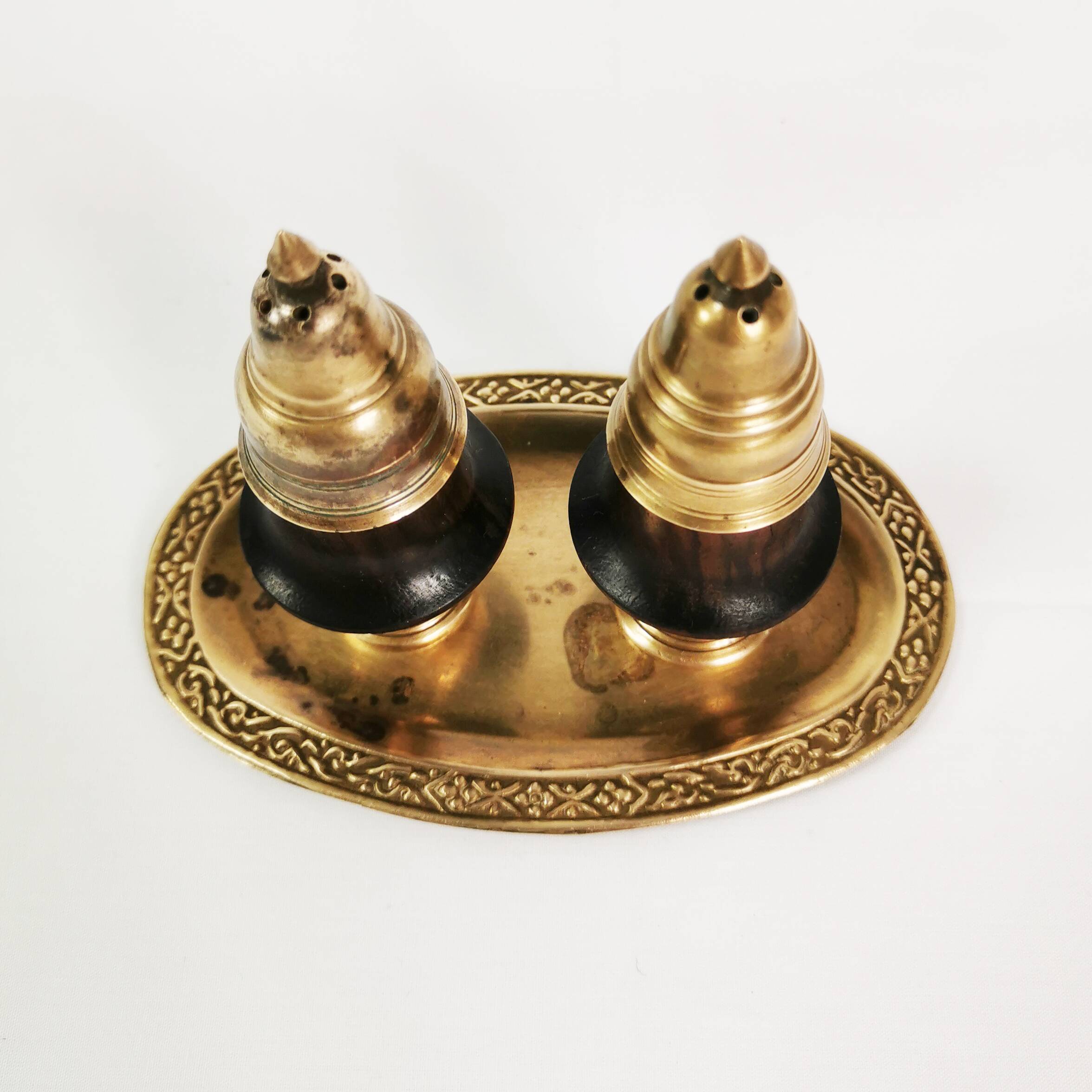Brass and rosewood spice set, Denmark, 1950s