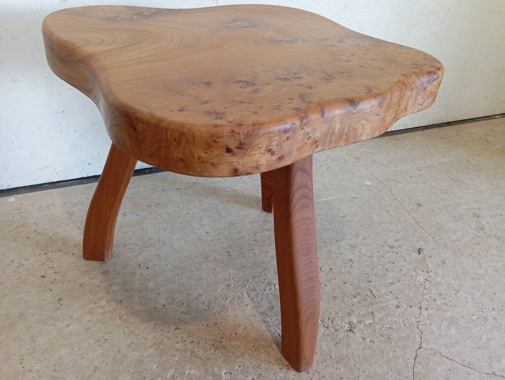 Freeform elm burl tripod coffee table