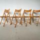 Set of 4 folding chairs, vintage design, wooden structure and canned seat. Around 1970